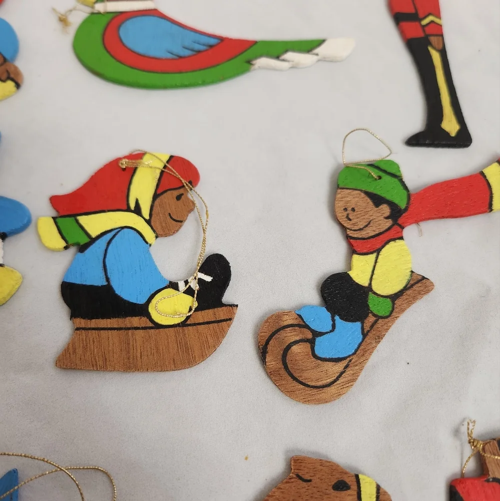12 Flat Wooden Christmas Ornaments Vtg Snowman Bird Soldier Sled
